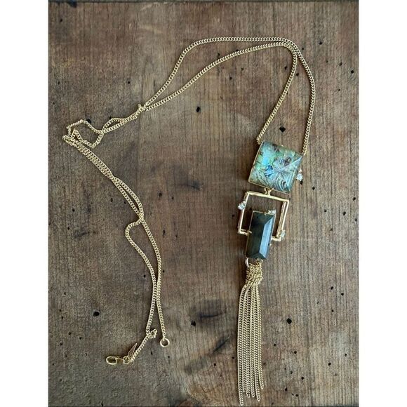 Alexis Bittar Jewelry - Alexis Bittar 10k Gold Fringe Labradorite Abalone Pendant Statement Necklace